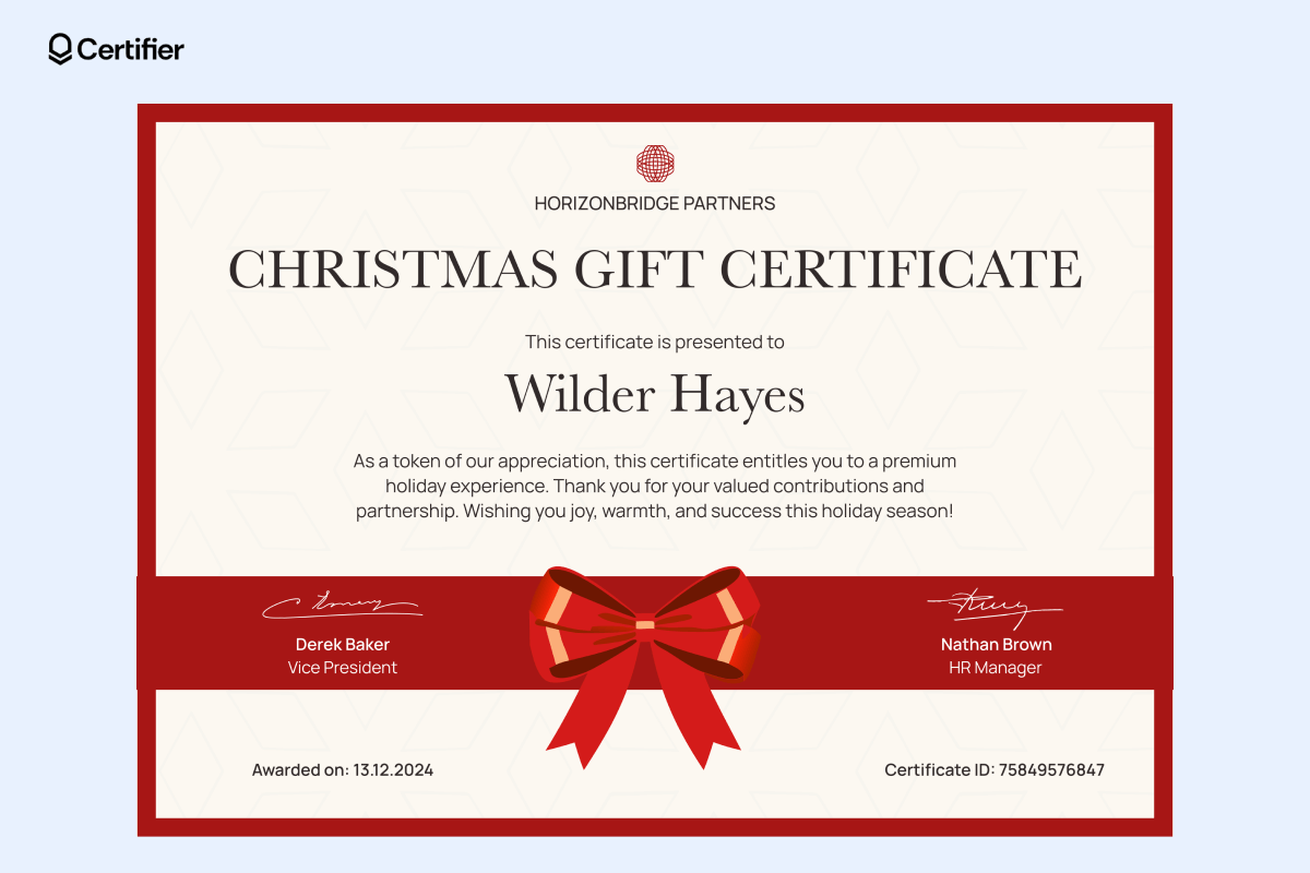 An elegant Christmas gift certificate template free with a red ribbon design, honoring valued contributions with a premium holiday experience, complete with signatures and award details. An elegant Christmas gift certificate template free with a red ribbon design, honoring valued contributions with a premium holiday experience, complete with signatures and award details.