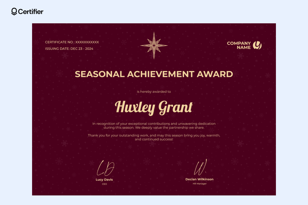 A sophisticated PDF Christmas gift certificate template free in deep red and gold, adorned with snowflake and star motifs, celebrating seasonal achievements and outstanding dedication. A sophisticated PDF Christmas gift certificate template free in deep red and gold, adorned with snowflake and star motifs, celebrating seasonal achievements and outstanding dedication.