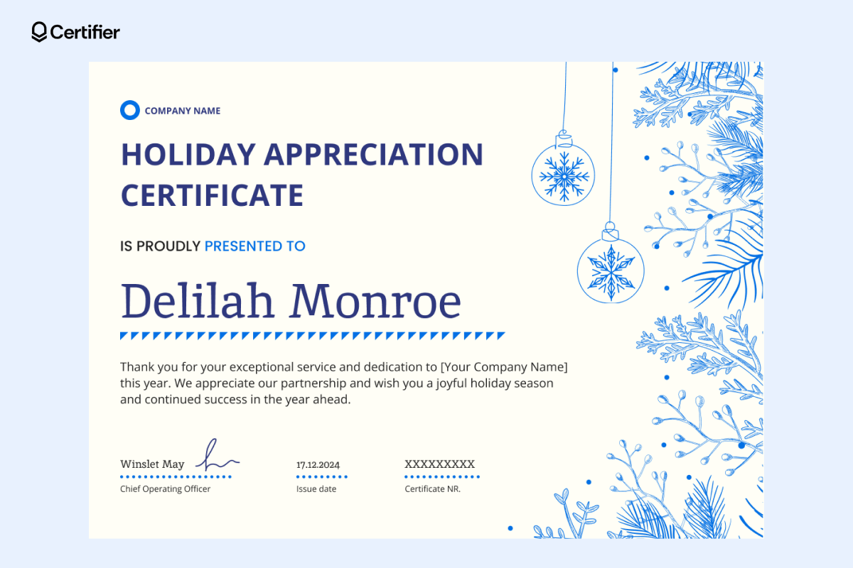 A beautifully illustrated free printable Christmas gift certificate template featuring blue holiday ornaments and foliage, awarded for exceptional service during the holiday season. A beautifully illustrated free printable Christmas gift certificate template featuring blue holiday ornaments and foliage, awarded for exceptional service during the holiday season.