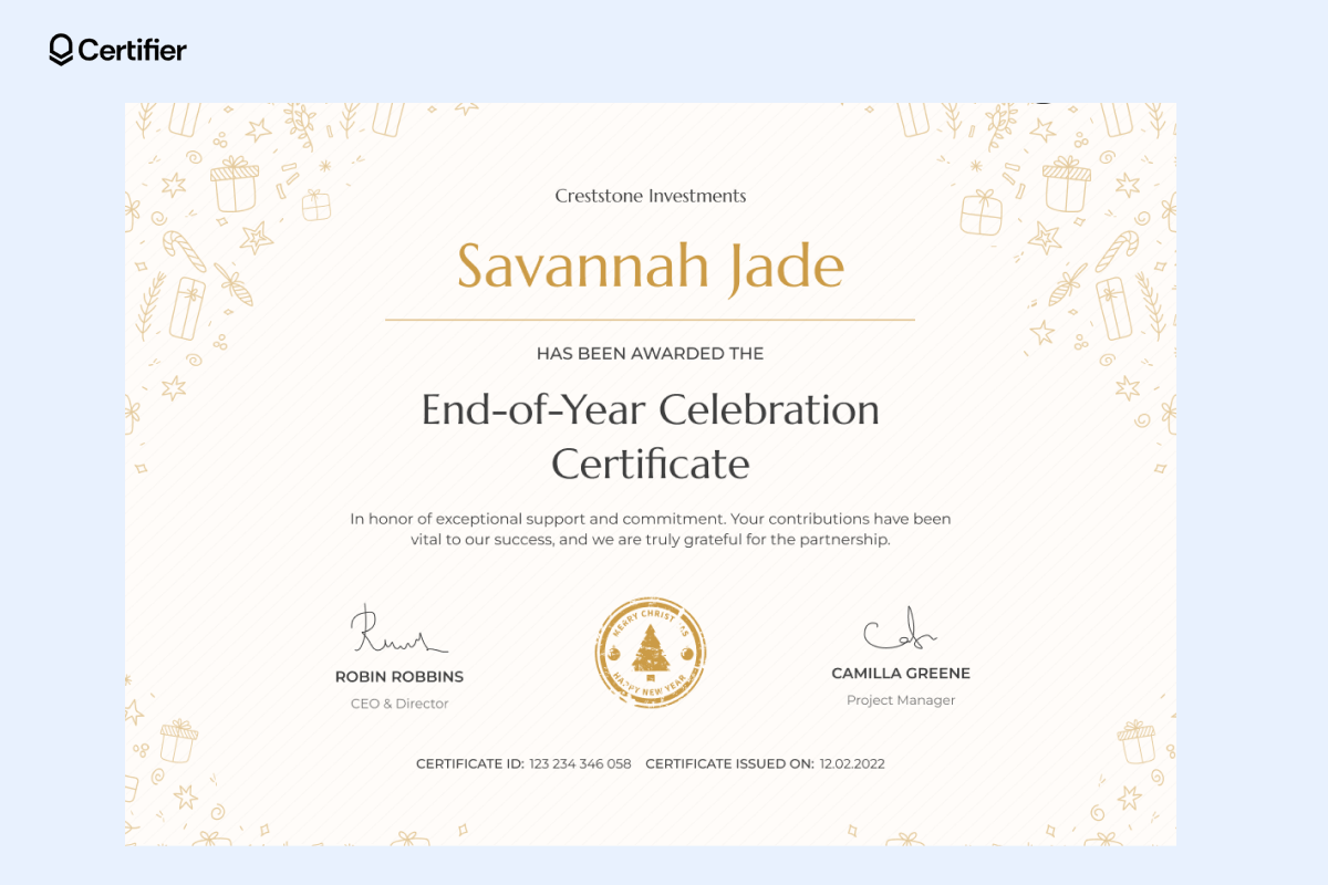 A minimalistic Christmas certificate template free download with soft gold accents, issued for end-of-year celebrations and acknowledging outstanding contributions with signatures and detailed information. A minimalistic Christmas certificate template free download with soft gold accents, issued for end-of-year celebrations and acknowledging outstanding contributions with signatures and detailed information.