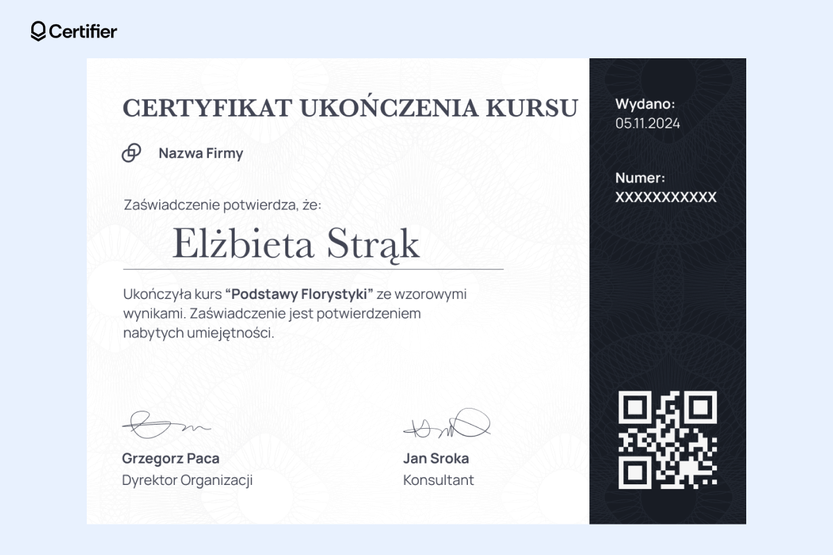 Czarno-białe zaświadczenie o ukończeniu kursu wzór formalny i nowoczesny z kodem QR i abstrakcyjnymi elementami. Czarno-białe zaświadczenie o ukończeniu kursu wzór formalny i nowoczesny z kodem QR i abstrakcyjnymi elementami.