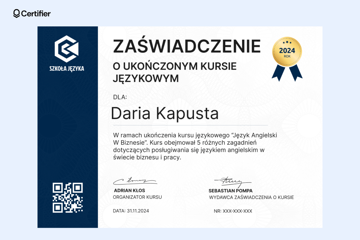 Biało-niebieski szablon certyfikatu ukończenia z kodem QR i złotą pieczęcią. Biało-niebieski szablon certyfikatu ukończenia z kodem QR i złotą pieczęcią.