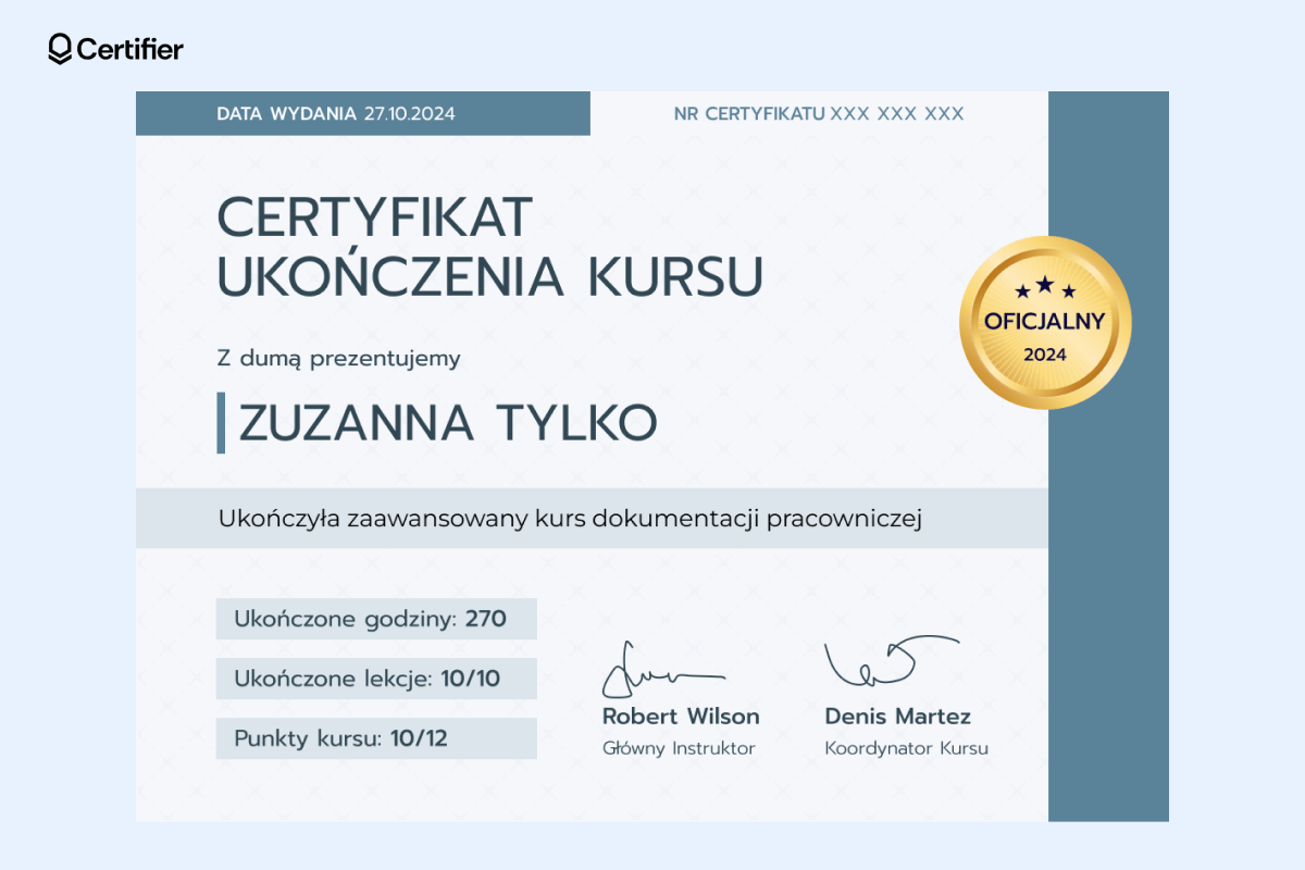 Formalne i profesjonalne zaświadczenie o ukończeniu kursu w aktach osobowych. Formalne i profesjonalne zaświadczenie o ukończeniu kursu w aktach osobowych.