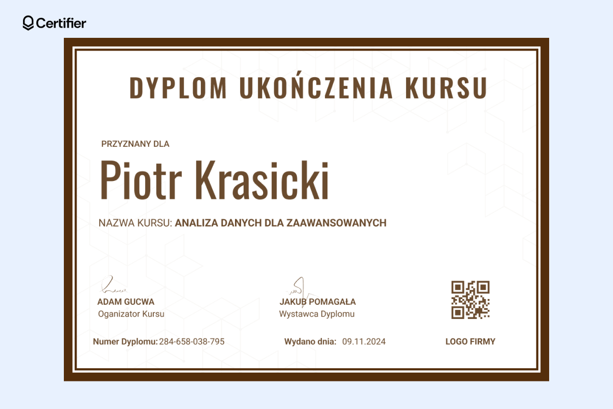 Brązowy szablon dyplom ukończenia kursu z kodem QR, gotowy do edycji. Brązowy szablon dyplom ukończenia kursu z kodem QR, gotowy do edycji.
