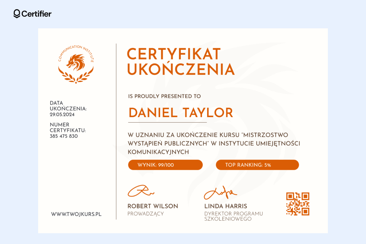 Zielone zaświadczenie o ukończeniu kursu PDF z miejscem na podpisy i kod QR, idealny na kursy korporacyjne. Zielone zaświadczenie o ukończeniu kursu PDF z miejscem na podpisy i kod QR, idealny na kursy korporacyjne.