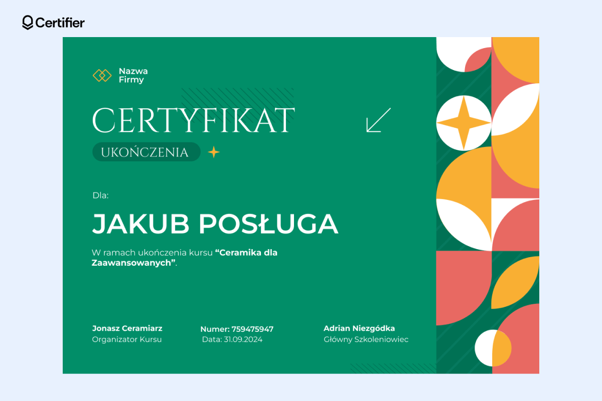 Zielono-pomarańczowy szablon ukończenia kursu - geometryczny z polami na podpisy. Zielono-pomarańczowy szablon ukończenia kursu - geometryczny z polami na podpisy.