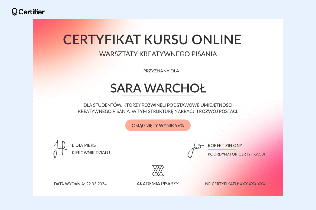 Szablon ukończenia z lekkim czerwonym gradientem, miejscem na wynik kursu oraz dwoma podpisami. Szablon ukończenia z lekkim czerwonym gradientem, miejscem na wynik kursu oraz dwoma podpisami.