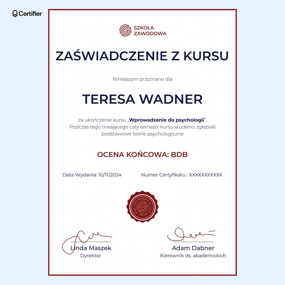 Eleganckie i profesjonalne zaświadczenie z kursu z ozdobnym czerwonym emblematem i miejscem na podpisy, o innym znaczeniu niż certyfikat men. Eleganckie i profesjonalne zaświadczenie z kursu z ozdobnym czerwonym emblematem i miejscem na podpisy, o innym znaczeniu niż certyfikat men.