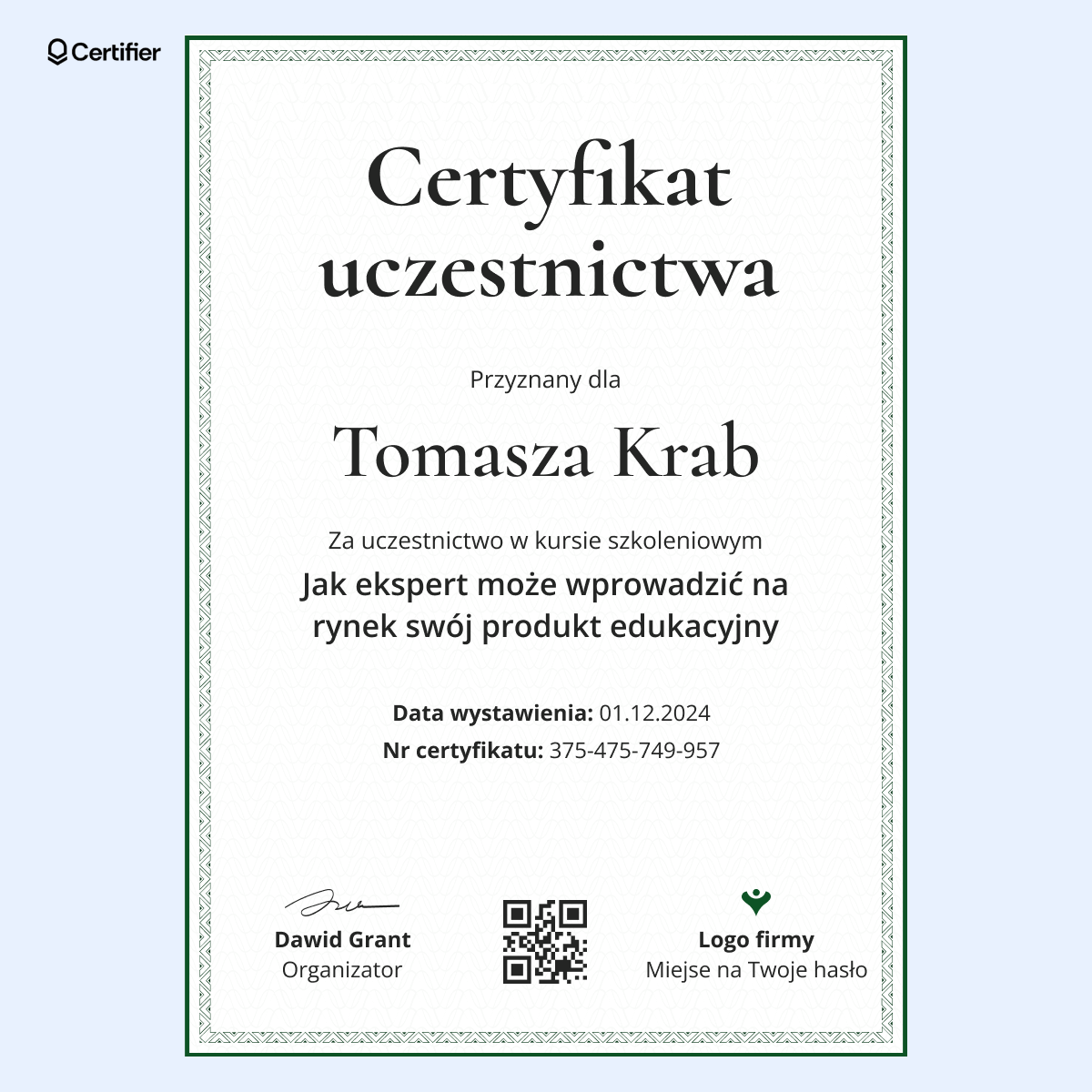 Nowoczesny dyplom ukończenia szkolenia z profesjonalnym układem i kodem QR w środkowej części, nie jest to certyfikat men. Nowoczesny dyplom ukończenia szkolenia z profesjonalnym układem i kodem QR w środkowej części, nie jest to certyfikat men.