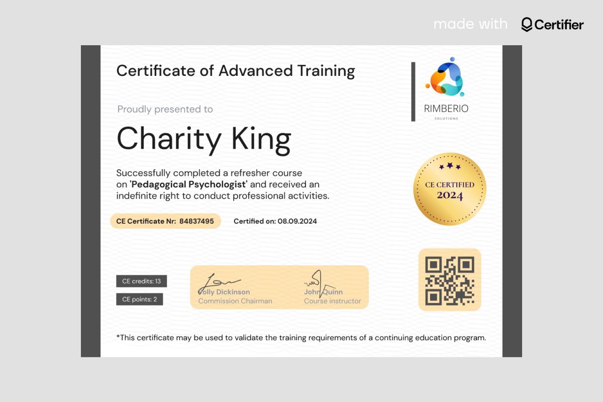 An example of a verifiable digital certificate with all verification features like QR code, certificate ID, CE provider number, logo, and signatures. An example of a verifiable digital certificate with all verification features like QR code, certificate ID, CE provider number, logo, and signatures.