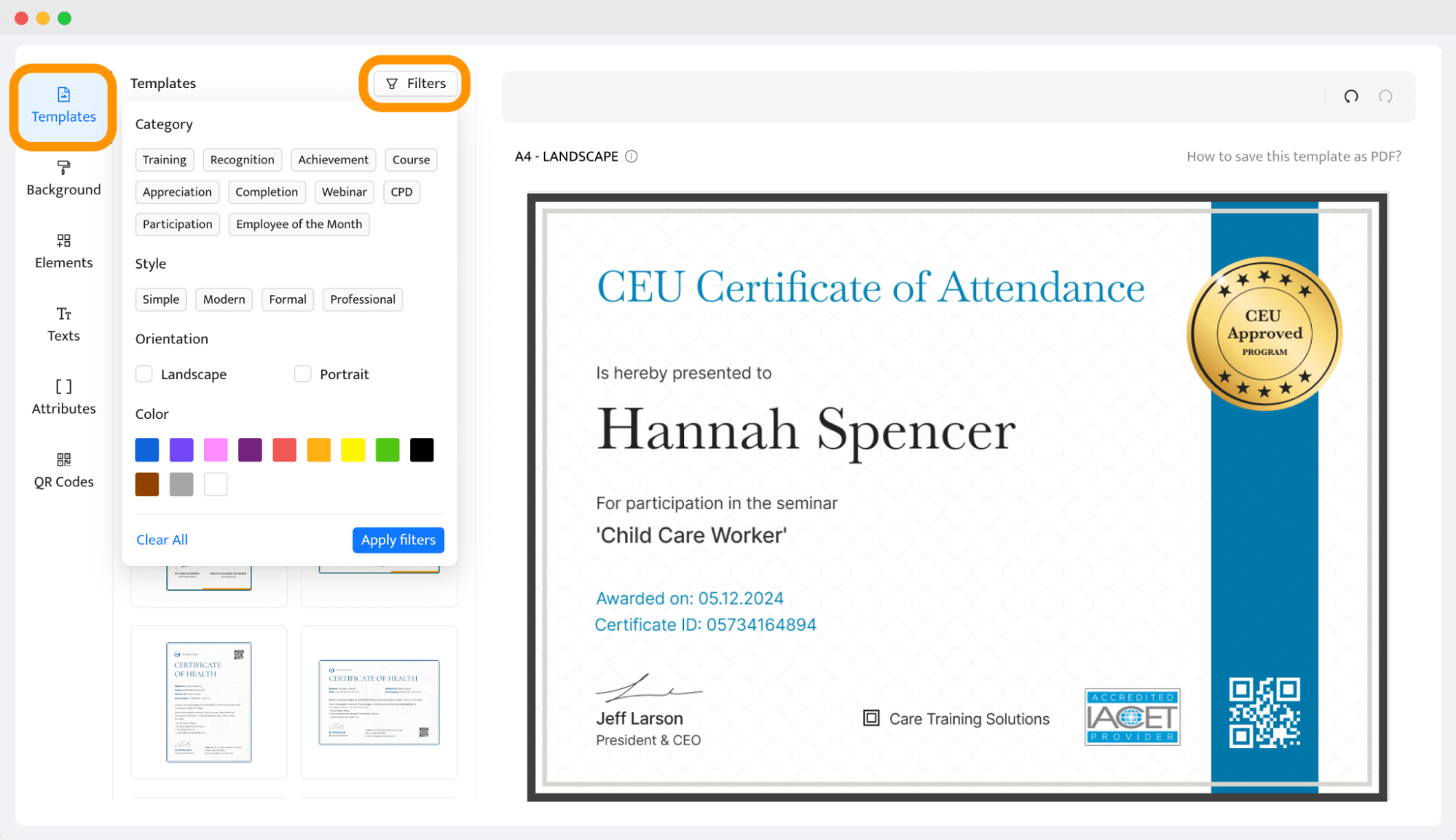 Interface of a certificate template selection tool with filters, used to create verifiable certificates that enable easy digital certificate verification. Interface of a certificate template selection tool with filters, used to create verifiable certificates that enable easy digital certificate verification.