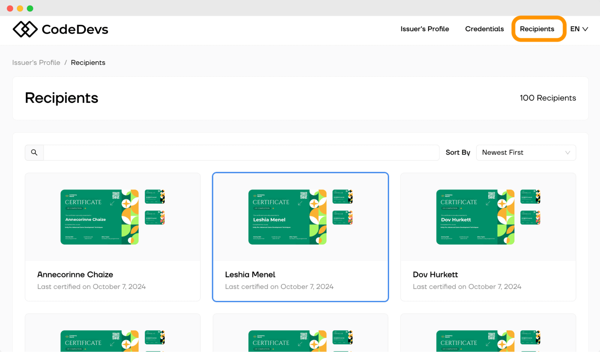 Display of the 'Recipients' section on the Certifier Issuer’s Platform, showcasing verifiable certificates issued to various recipients for digital certificate verification. Display of the 'Recipients' section on the Certifier Issuer’s Platform, showcasing verifiable certificates issued to various recipients for digital certificate verification.
