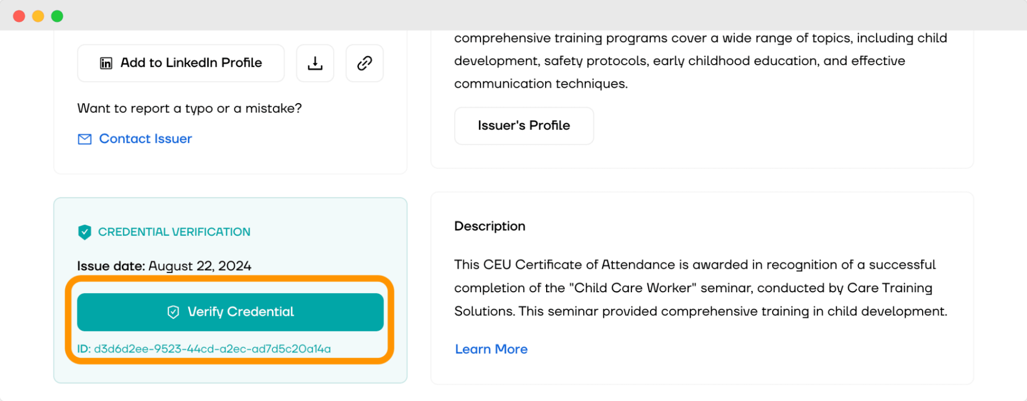 Credential verification screen showing the process to verify digital certificates, confirming the recipient's qualification and the issuer's status. Credential verification screen showing the process to verify digital certificates, confirming the recipient's qualification and the issuer's status.