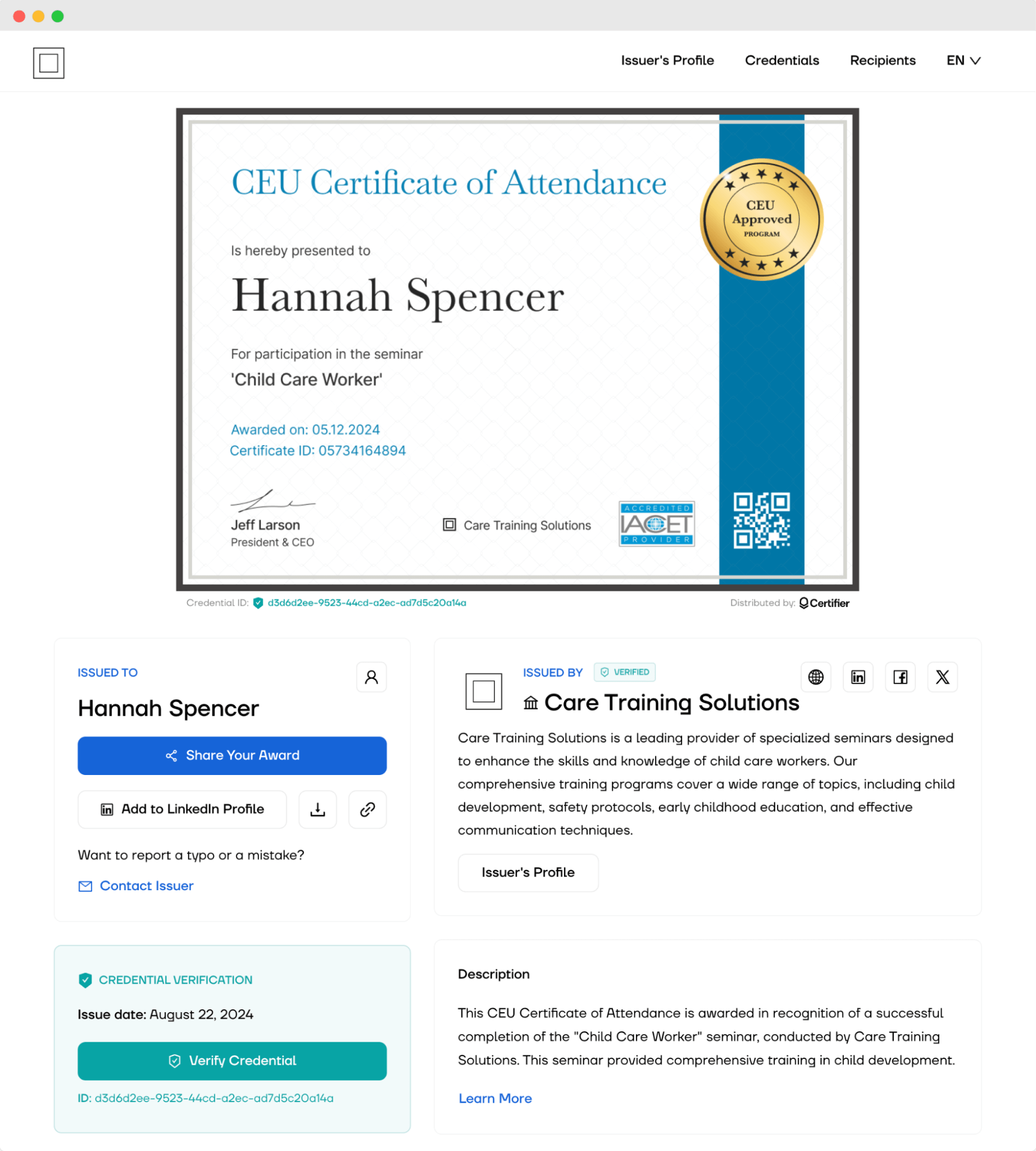An example of a verifiable digital certificate within the SSL-protected digital wallet that contains all security features, like QR code and unique certificate ID. An example of a verifiable digital certificate within the SSL-protected digital wallet that contains all security features, like QR code and unique certificate ID.