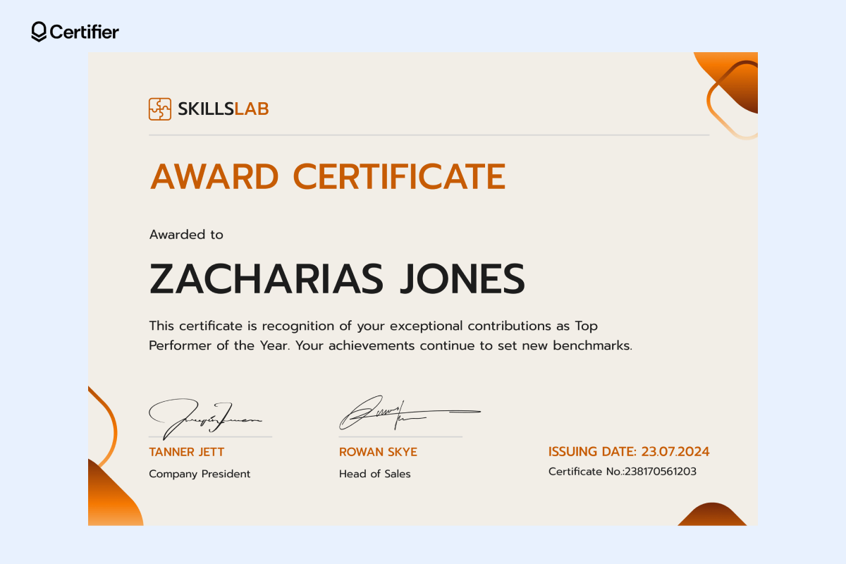 Award certificate template free for recognizing outstanding contributions, featuring customizable fields for award title, recipient, issuing date, and signatures from company representatives. Award certificate template free for recognizing outstanding contributions, featuring customizable fields for award title, recipient, issuing date, and signatures from company representatives.