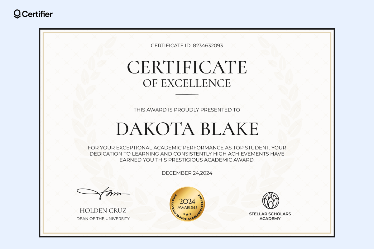Awards certificate template for academic excellence, including sections for recipient recognition, issuing date, certificate ID, and official signatures. Awards certificate template for academic excellence, including sections for recipient recognition, issuing date, certificate ID, and official signatures.