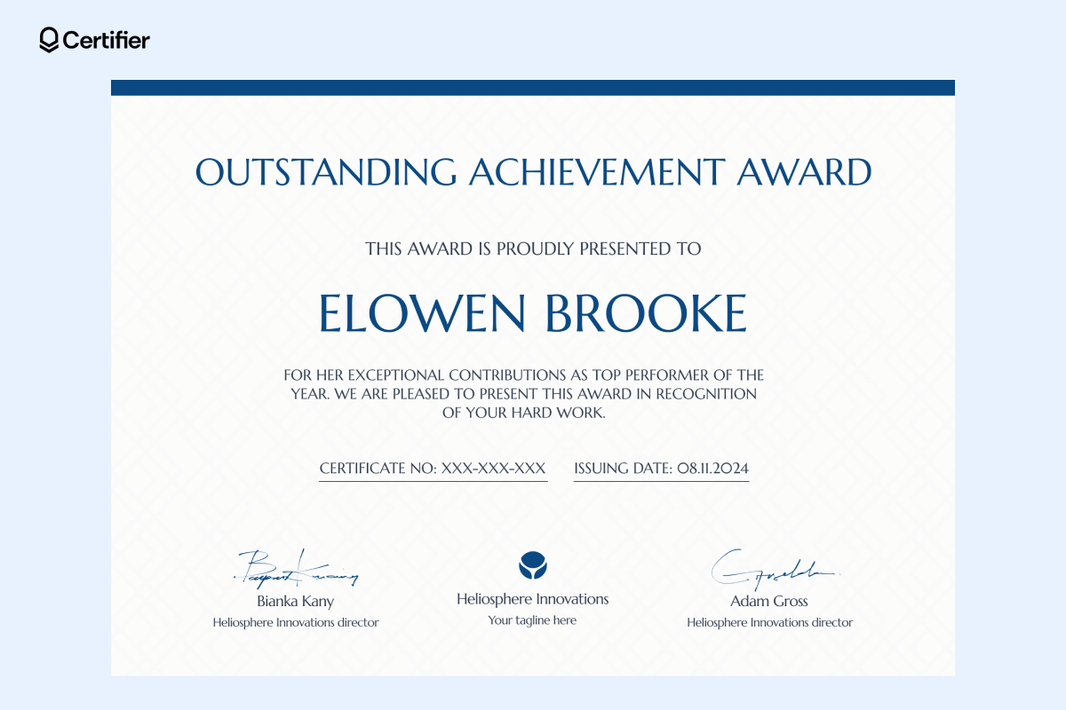 Free award certificate template honoring exceptional achievements, with editable areas for the award title, recipient name, date, certificate number, and authorized signatures. Free award certificate template honoring exceptional achievements, with editable areas for the award title, recipient name, date, certificate number, and authorized signatures.