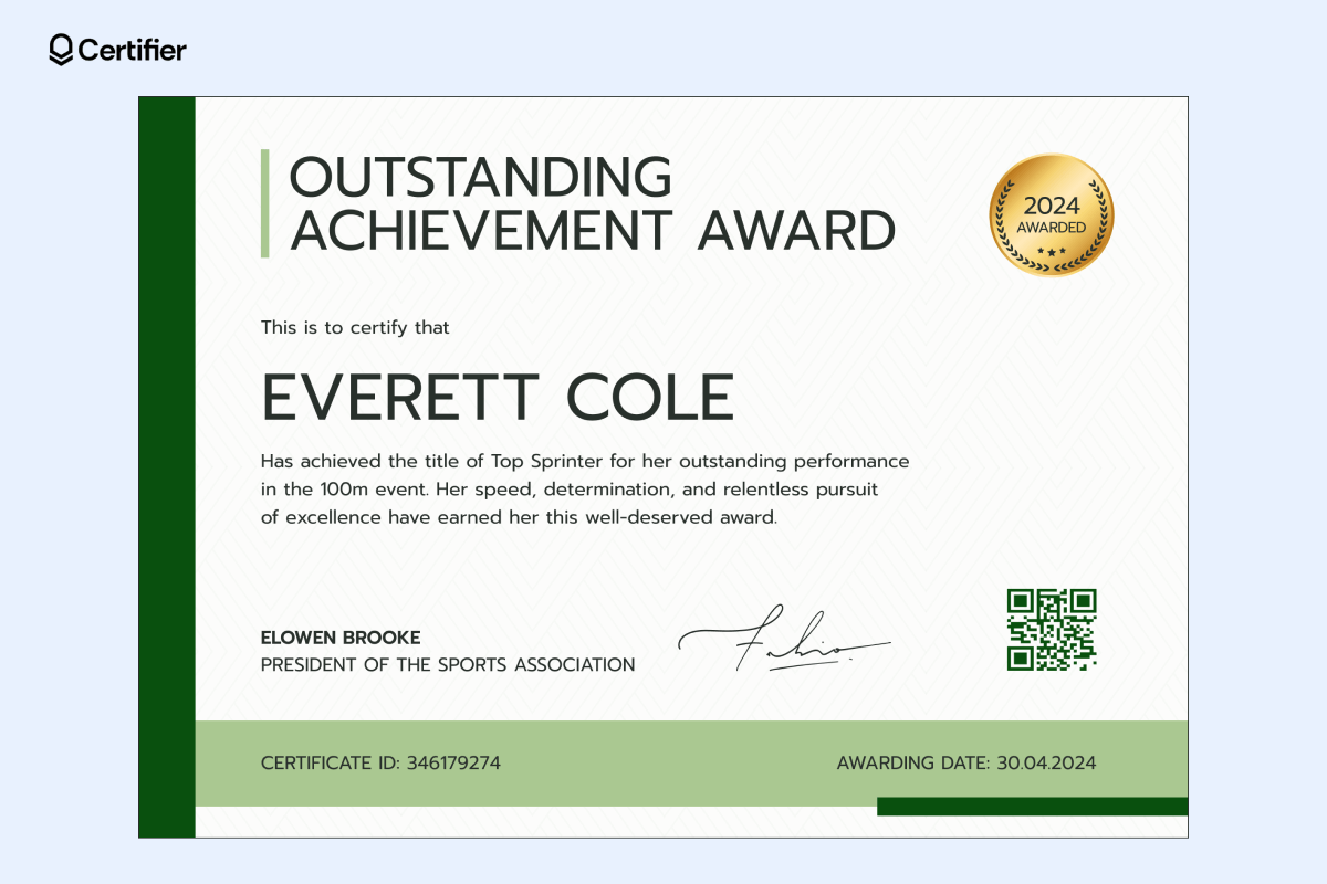 Certificate awards template for recognizing outstanding achievements in sports, featuring customizable fields for recipient name, award title, awarding date, certificate ID, and signature. Certificate awards template for recognizing outstanding achievements in sports, featuring customizable fields for recipient name, award title, awarding date, certificate ID, and signature.