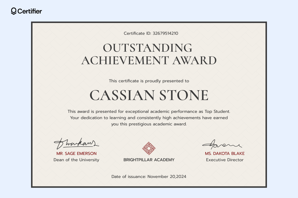 Award certificate design for academic excellence, honoring top students with customizable sections for recipient name, issuance date, certificate ID, and signatures. Award certificate design for academic excellence, honoring top students with customizable sections for recipient name, issuance date, certificate ID, and signatures.