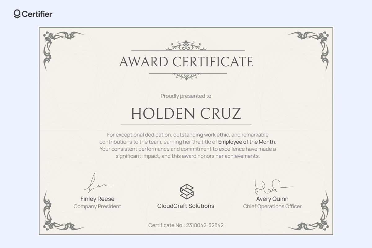 Free award certificates template honoring exceptional employee performance, with sections for recipient name, title of recognition, company name, certificate number, and authorized signatures. Free award certificates template honoring exceptional employee performance, with sections for recipient name, title of recognition, company name, certificate number, and authorized signatures.
