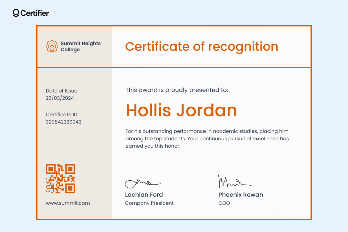 Awards certificates template for academic excellence, including fields for recipient recognition, date of issue, certificate ID, signatures, and a QR code for verification. Awards certificates template for academic excellence, including fields for recipient recognition, date of issue, certificate ID, signatures, and a QR code for verification.