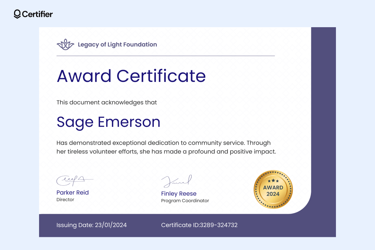 Certificate award recognizing exceptional dedication to community service, featuring customizable fields for recipient name, issuing date, certificate ID, and signatures. Certificate award recognizing exceptional dedication to community service, featuring customizable fields for recipient name, issuing date, certificate ID, and signatures.