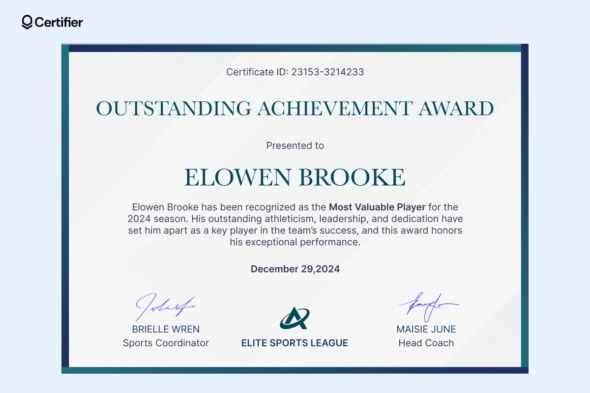 Completion award certificate template acknowledging outstanding sports achievements, featuring sections for award title, recipient, date, and official signatures. Completion award certificate template acknowledging outstanding sports achievements, featuring sections for award title, recipient, date, and official signatures.