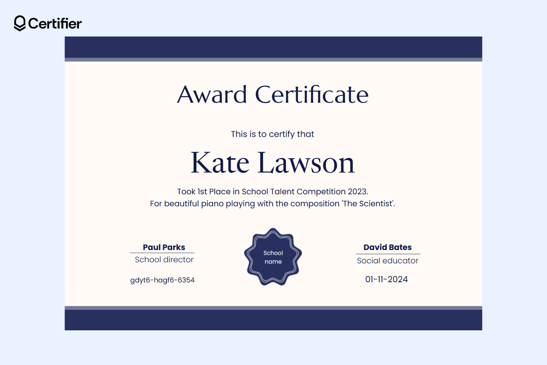 Free printable awards template for school talent competition winners, with customizable fields for recipient name, competition details, issuing date, and certificate ID. Free printable awards template for school talent competition winners, with customizable fields for recipient name, competition details, issuing date, and certificate ID.