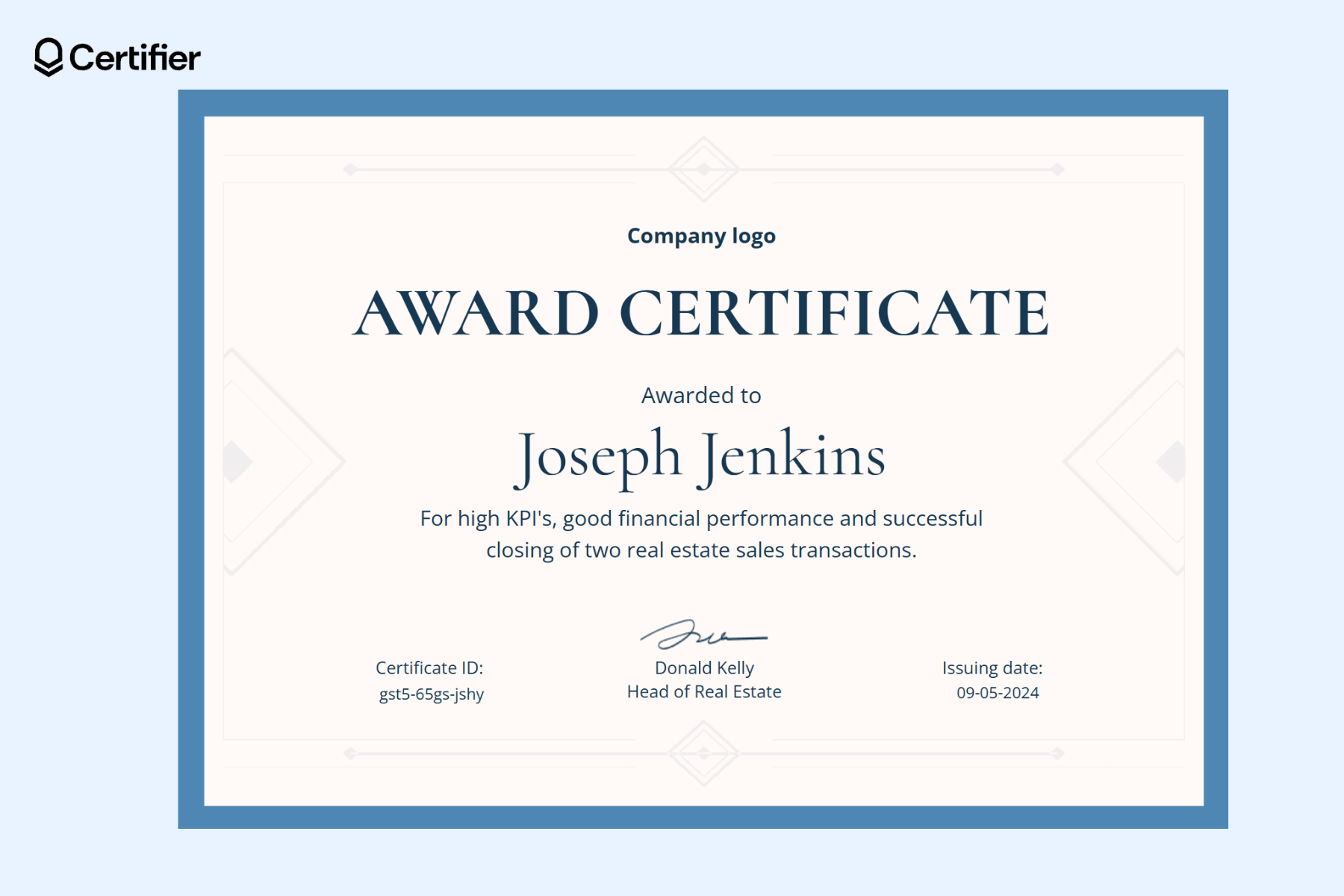 Awards certificate template for recognizing excellence in financial performance, including fields for recipient name, specific achievement, issuance date, and certificate ID. Awards certificate template for recognizing excellence in financial performance, including fields for recipient name, specific achievement, issuance date, and certificate ID.