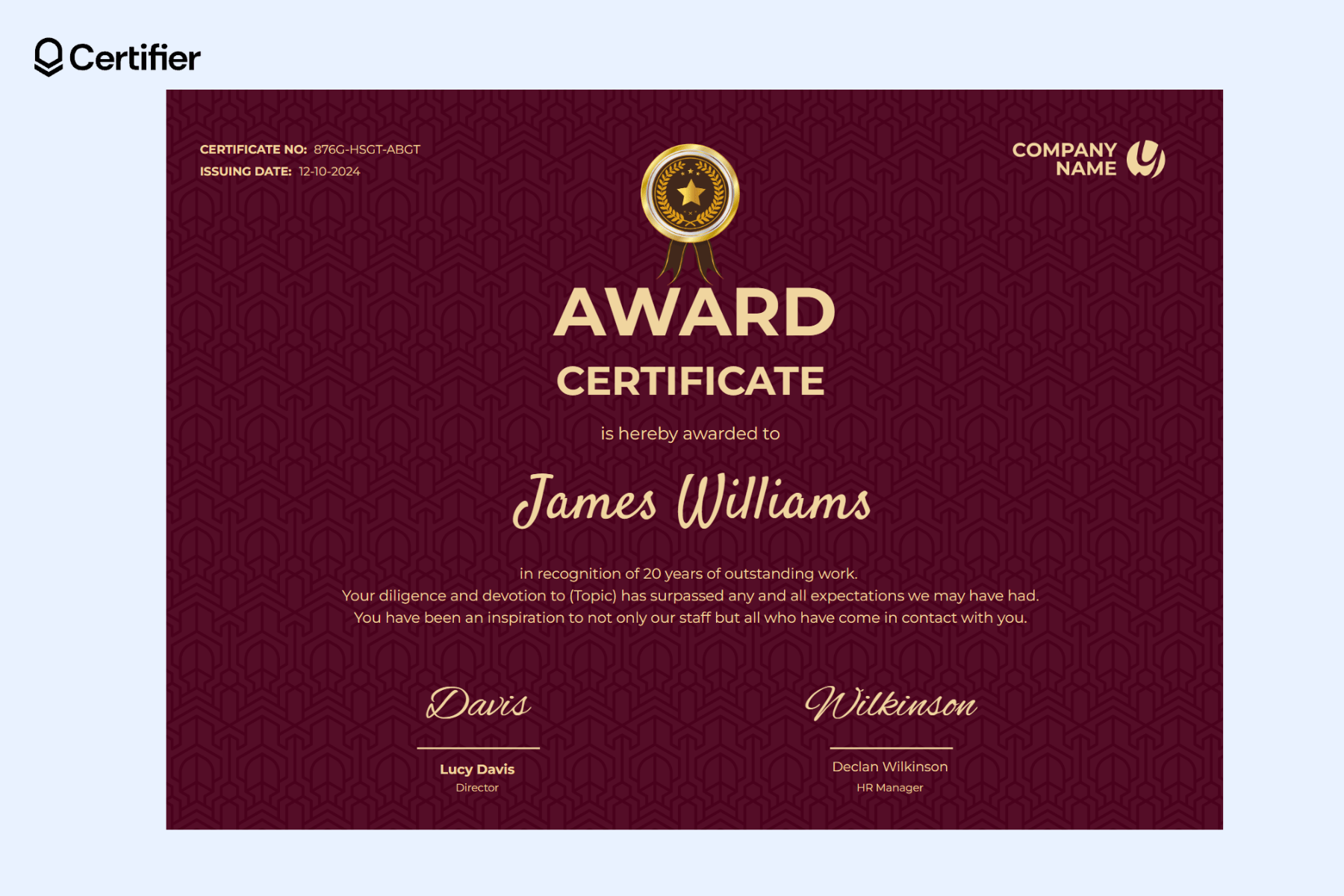 Certificate awards template celebrating a milestone work anniversary, featuring sections for years of service, recipient name, issuing date, and signatures from company representatives. Certificate awards template celebrating a milestone work anniversary, featuring sections for years of service, recipient name, issuing date, and signatures from company representatives.