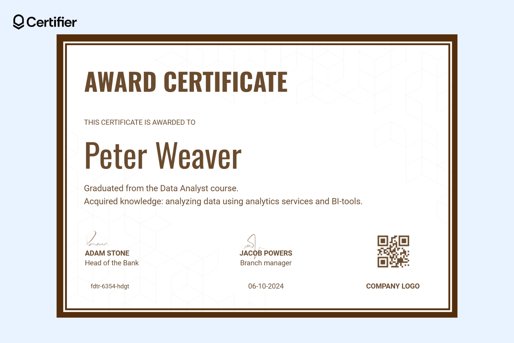One of the free award templates recognizing completion of a Data Analyst course, featuring sections for recipient name, course details, issuing date, and signatures. One of the free award templates recognizing completion of a Data Analyst course, featuring sections for recipient name, course details, issuing date, and signatures.