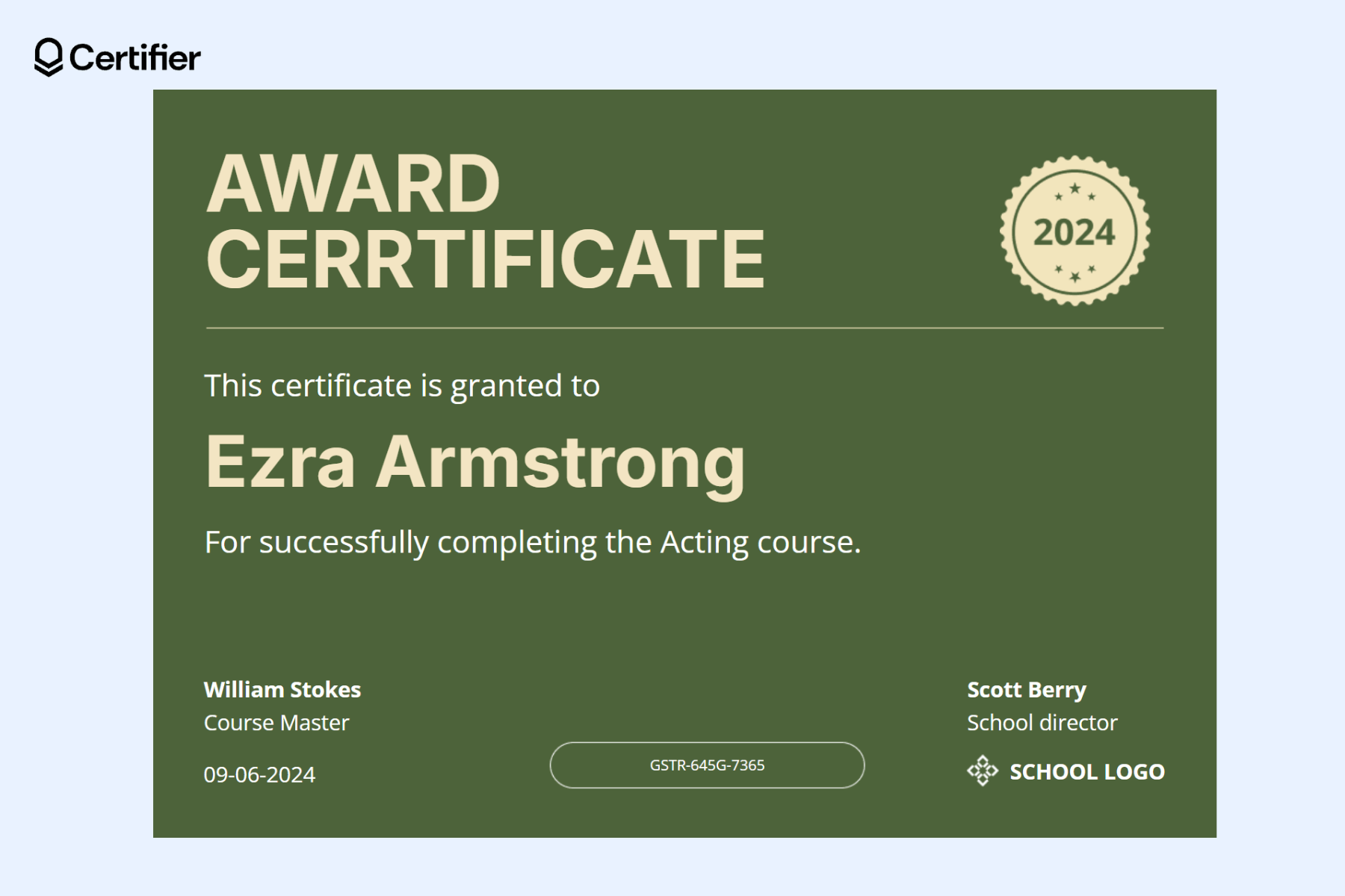 Certificate award template for completion of an Acting course, with fields for recipient name, course title, date of issue, certificate number, and signatures. Certificate award template for completion of an Acting course, with fields for recipient name, course title, date of issue, certificate number, and signatures.