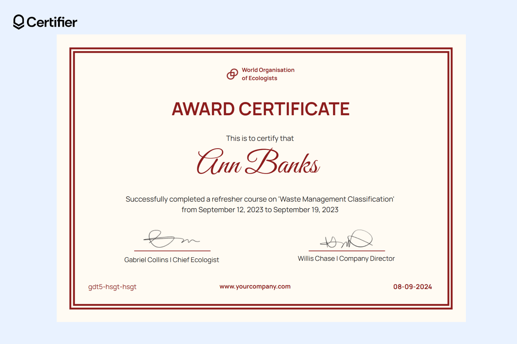One of the free printable award certificates for a refresher course in Waste Management Classification, including sections for recipient name, course details, and authorized signatures. One of the free printable award certificates for a refresher course in Waste Management Classification, including sections for recipient name, course details, and authorized signatures.