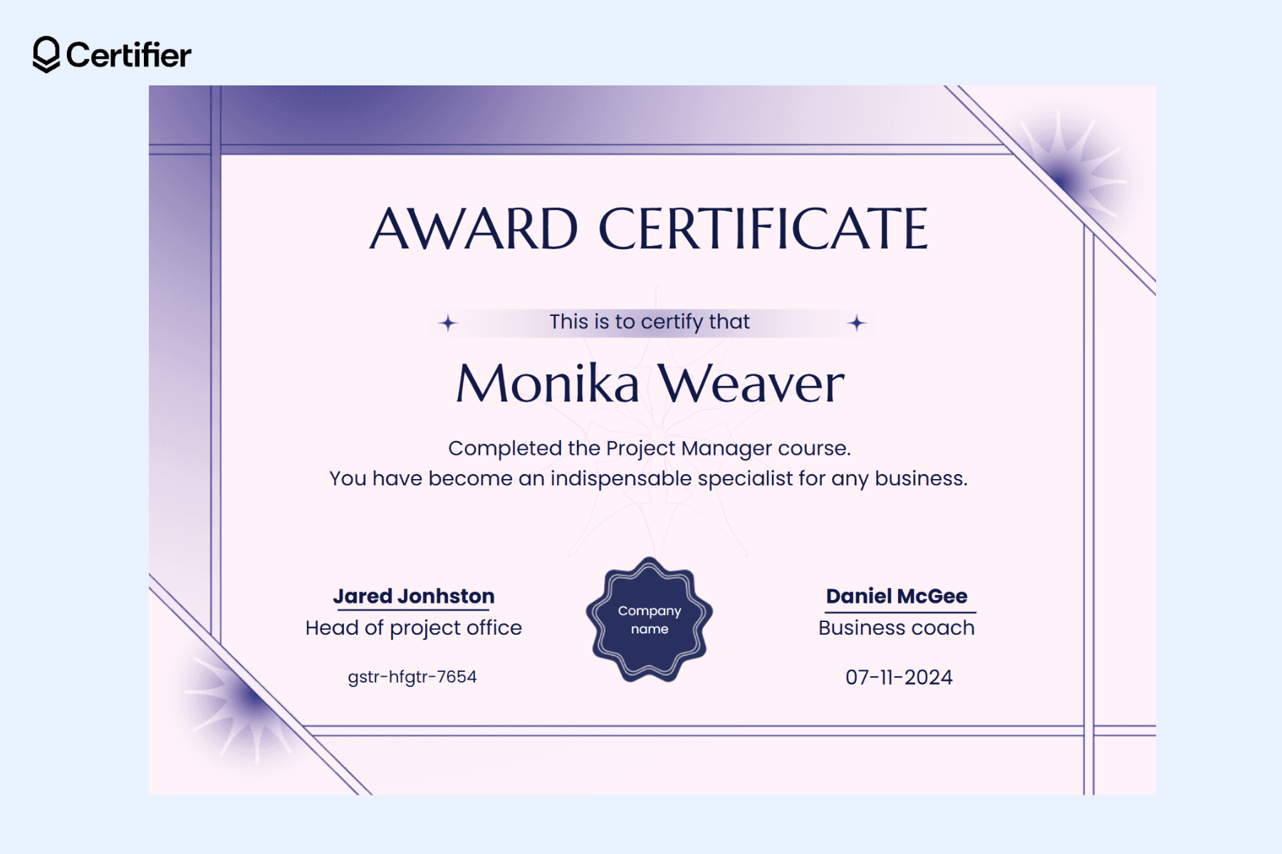 Certificate award for completion of a Project Manager course, featuring customizable fields for recipient, course title, issuing date, certificate ID, and signatures. Certificate award for completion of a Project Manager course, featuring customizable fields for recipient, course title, issuing date, certificate ID, and signatures.