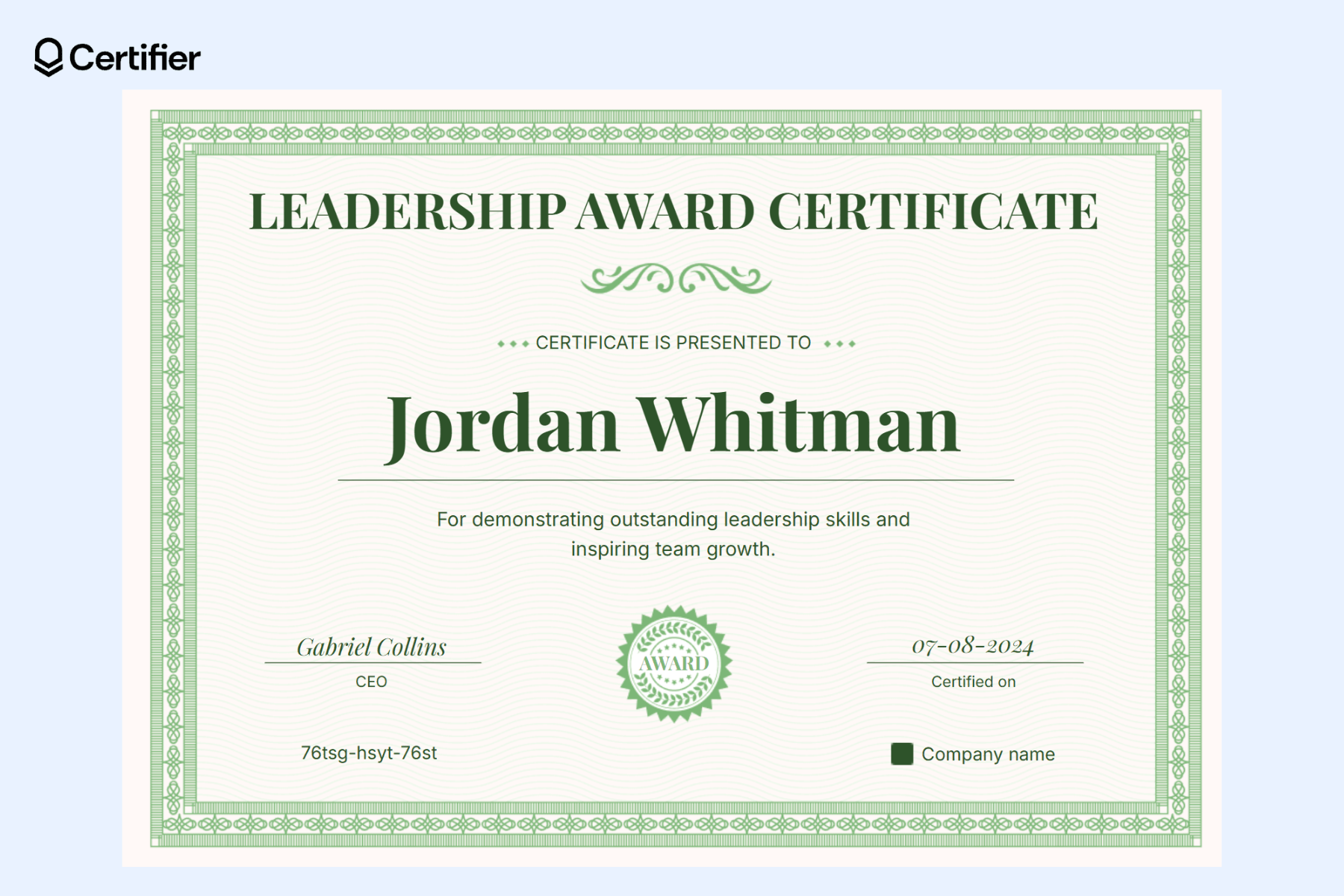 Leadership award certificate template free for recognizing outstanding leadership skills and inspiring team growth, including sections for recipient name, certification date, and authorized signature. Leadership award certificate template free for recognizing outstanding leadership skills and inspiring team growth, including sections for recipient name, certification date, and authorized signature.