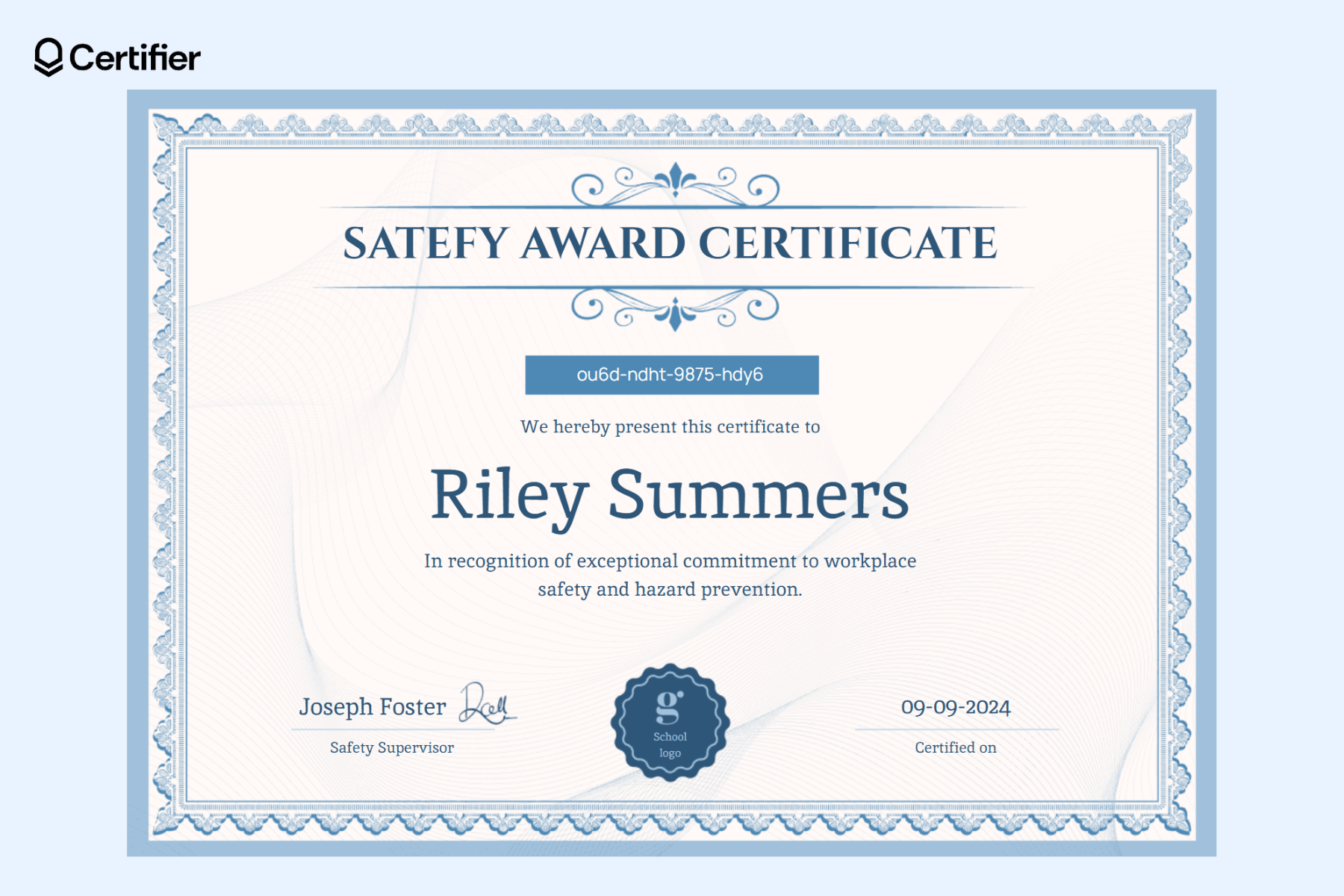 Safety award certificate template free download file for exceptional commitment to workplace safety, with fields for recipient name, certification date, certificate ID, and signatures. Safety award certificate template free download file for exceptional commitment to workplace safety, with fields for recipient name, certification date, certificate ID, and signatures.