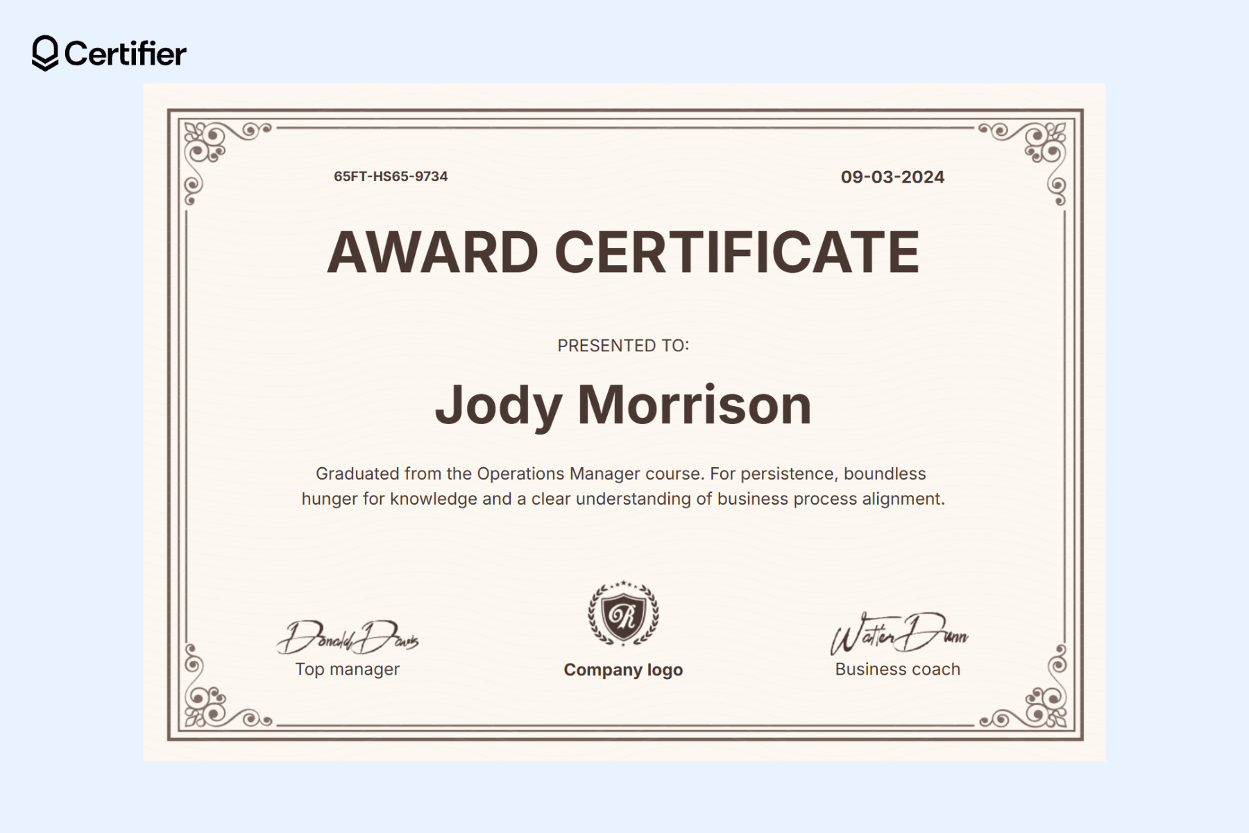 One of the free award certificates featuring customizable sections for recipient name, course details, issuing date, certificate ID, and authorized signatures with a decorative border design. One of the free award certificates featuring customizable sections for recipient name, course details, issuing date, certificate ID, and authorized signatures with a decorative border design.