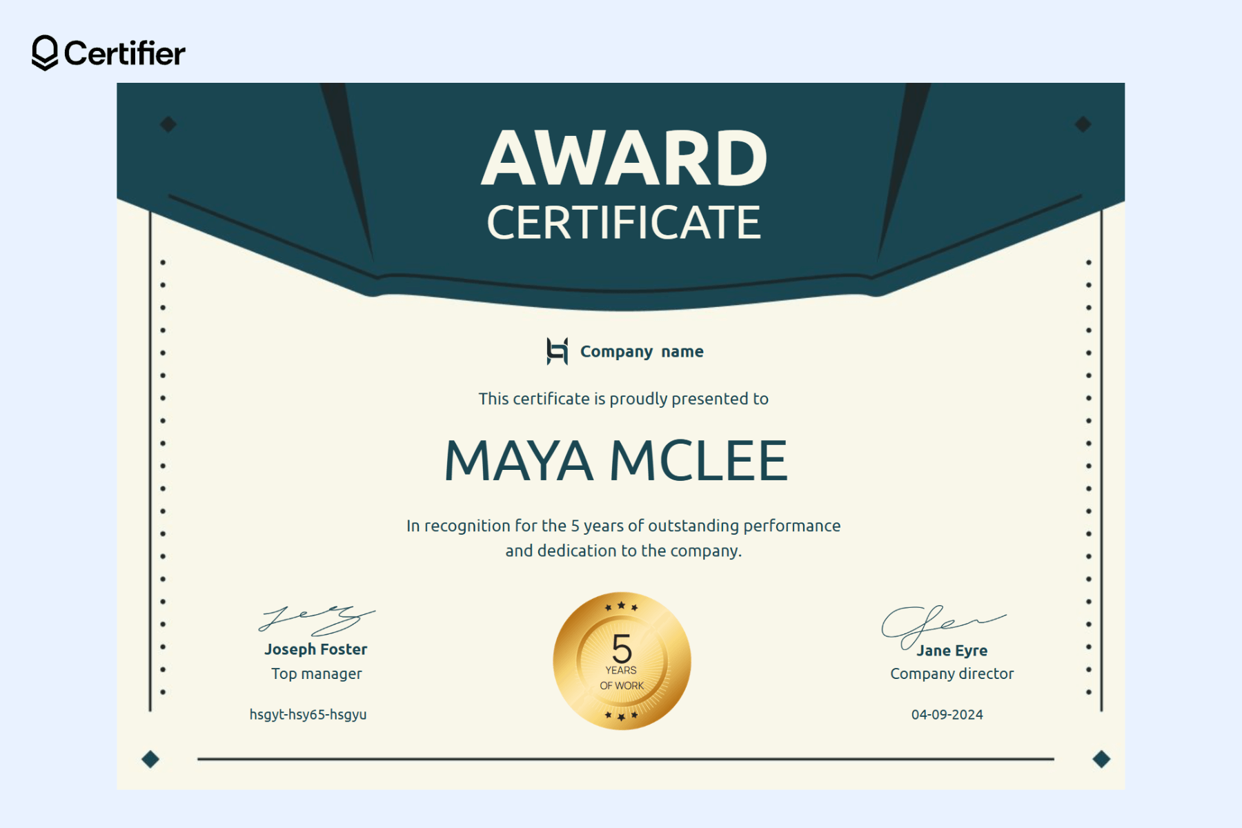 One of free certificate templates for recognizing years of dedication to a company, featuring fields for recipient name, service milestone, and signatures. One of free certificate templates for recognizing years of dedication to a company, featuring fields for recipient name, service milestone, and signatures.