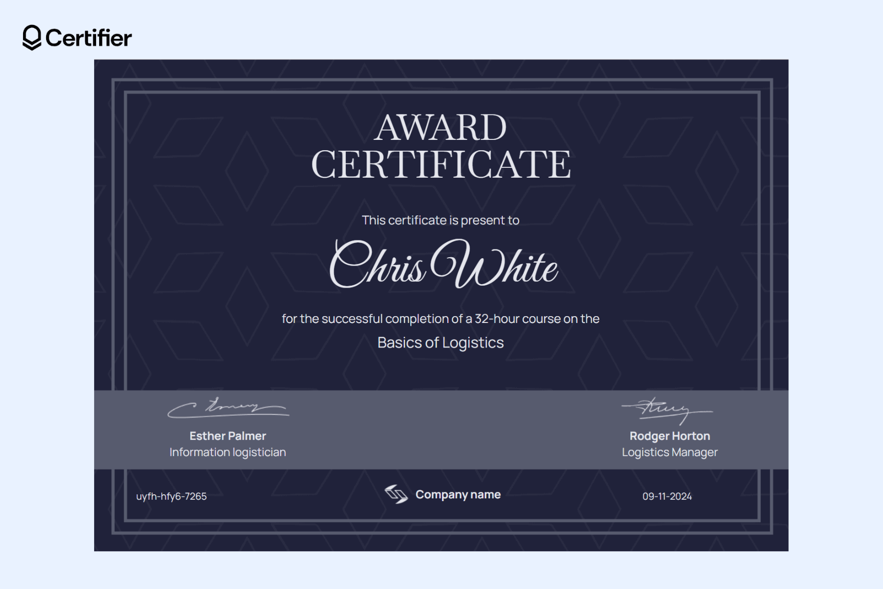 Editable award certificate for completing a professional training course, highlighting recipient name, course title, issuing date, and signatures. Editable award certificate for completing a professional training course, highlighting recipient name, course title, issuing date, and signatures.