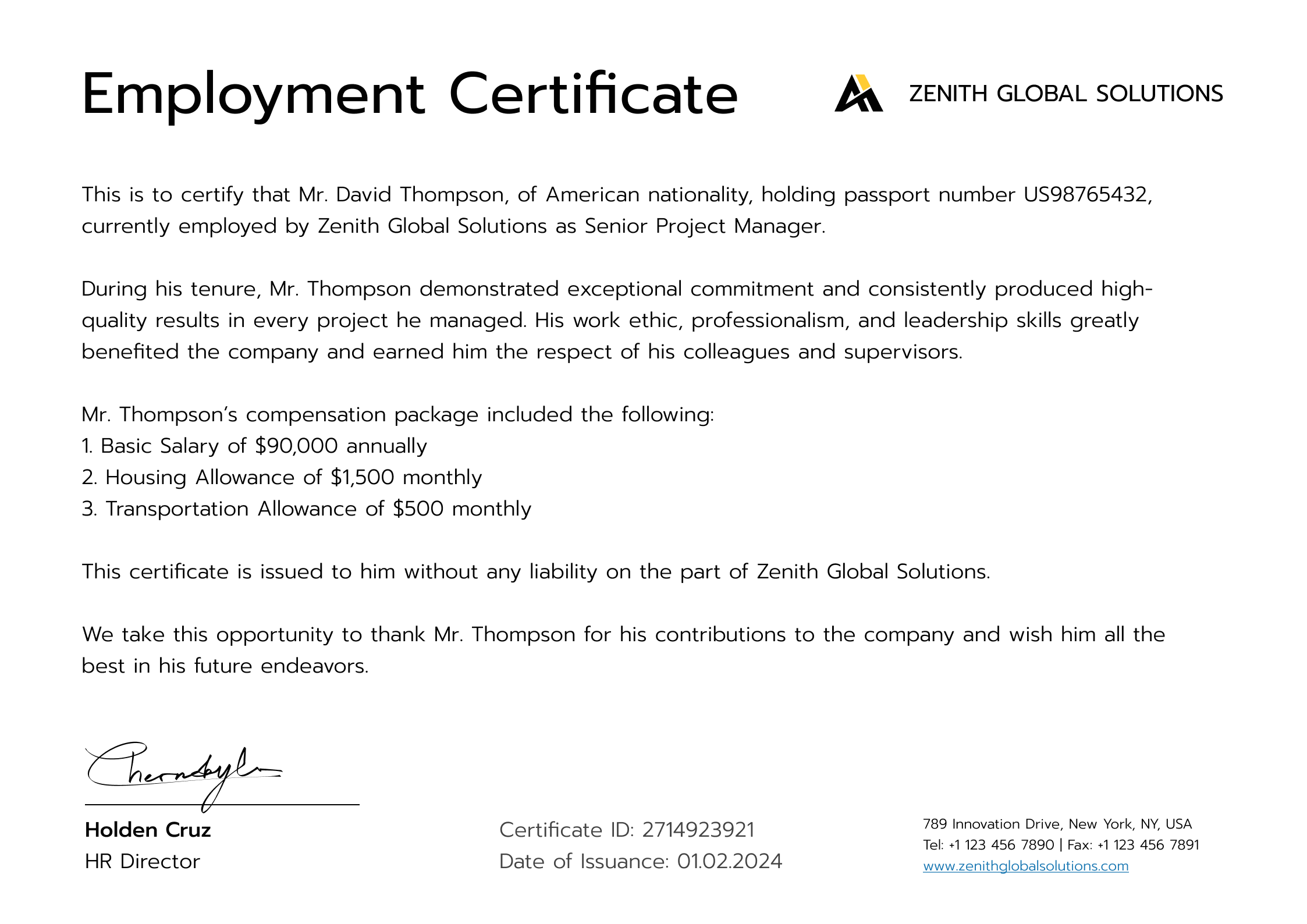 Balanced and formal certificate of employment template