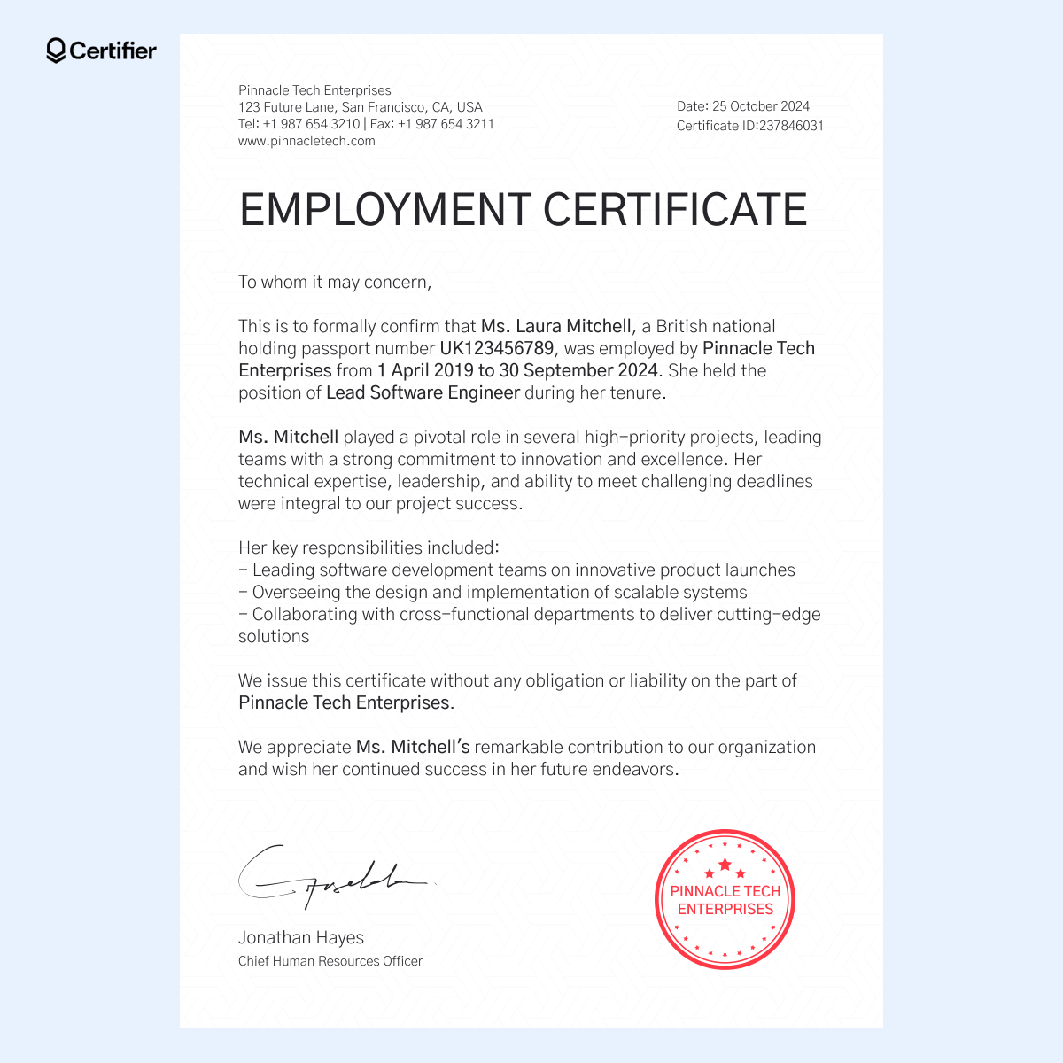A sample employment certificate template highlighting fields for key responsibilities, employment period, and performance feedback. A sample employment certificate template highlighting fields for key responsibilities, employment period, and performance feedback.