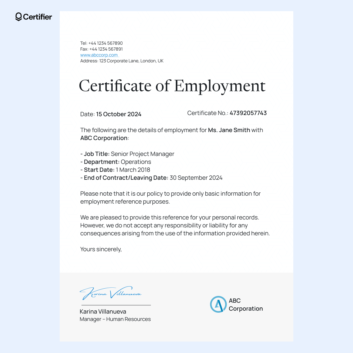 An employee certificate template with placeholders for job title, department, and contract dates, designed for employment verification. An employee certificate template with placeholders for job title, department, and contract dates, designed for employment verification.