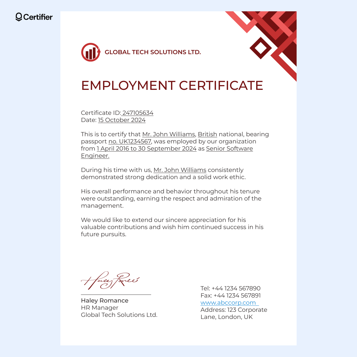 An employment certificate highlighting employee tenure with placeholders for employee name, dates, and job role. An employment certificate highlighting employee tenure with placeholders for employee name, dates, and job role.
