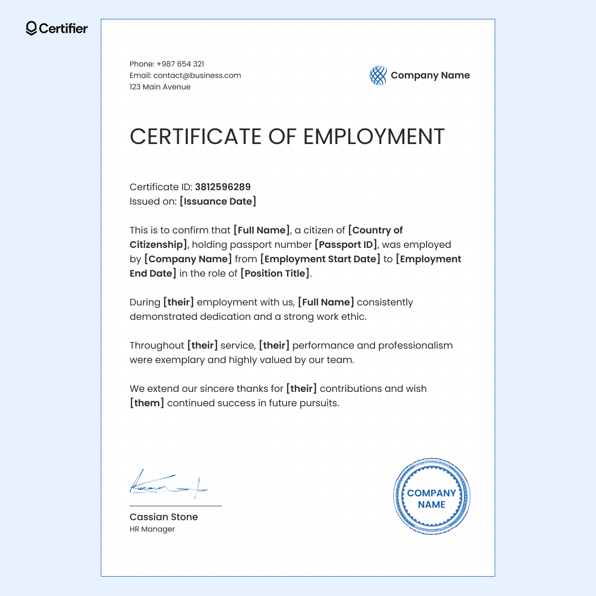 A customizable work certification letter featuring fields for employment roles, key tasks, and compensation packages. A customizable work certification letter featuring fields for employment roles, key tasks, and compensation packages.