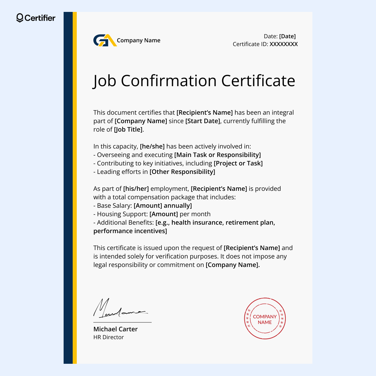 An employee certification confirming employment, with placeholders for position title, citizenship, and employment period. An employee certification confirming employment, with placeholders for position title, citizenship, and employment period.