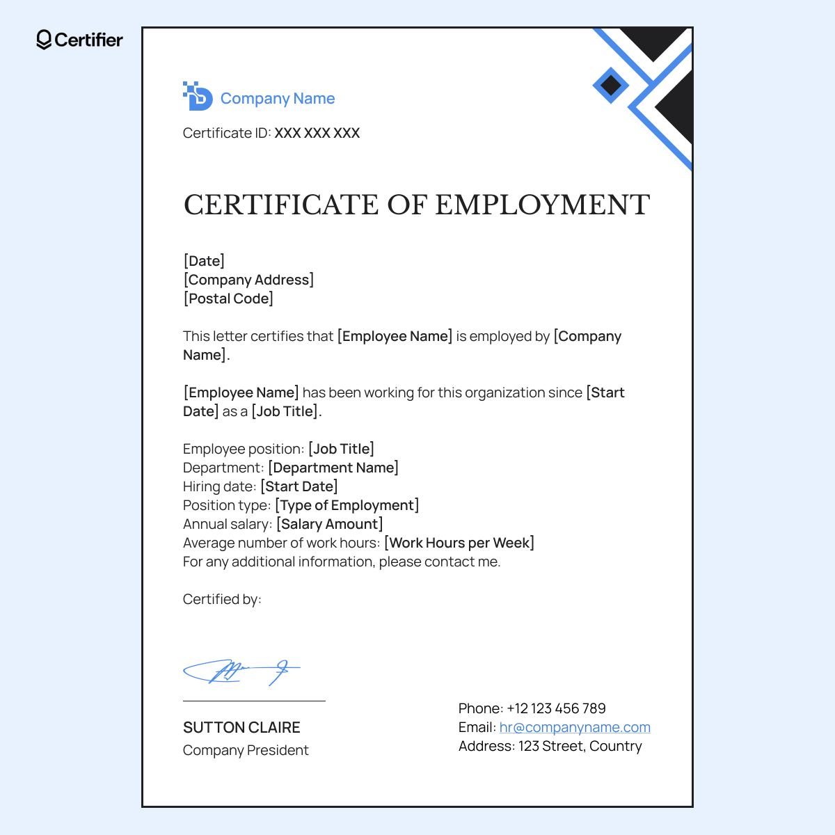 A professional employment certificate template with placeholders for employee position, department, salary, and employment type. A professional employment certificate template with placeholders for employee position, department, salary, and employment type.