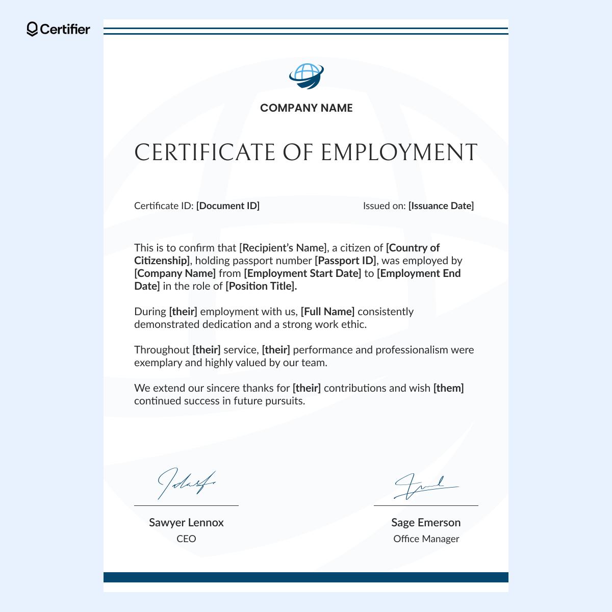 A certificate of employment letter featuring placeholders for recipient details, citizenship, job title, and employment dates. A certificate of employment letter featuring placeholders for recipient details, citizenship, job title, and employment dates.