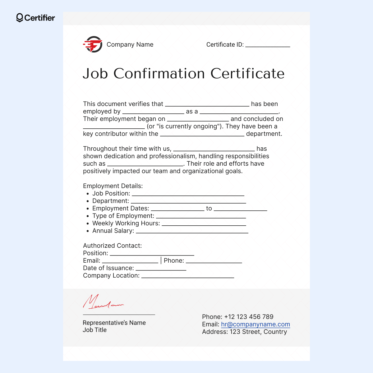 A sample certificate of employment with placeholders for employment dates, responsibilities, and organizational contributions. A sample certificate of employment with placeholders for employment dates, responsibilities, and organizational contributions.