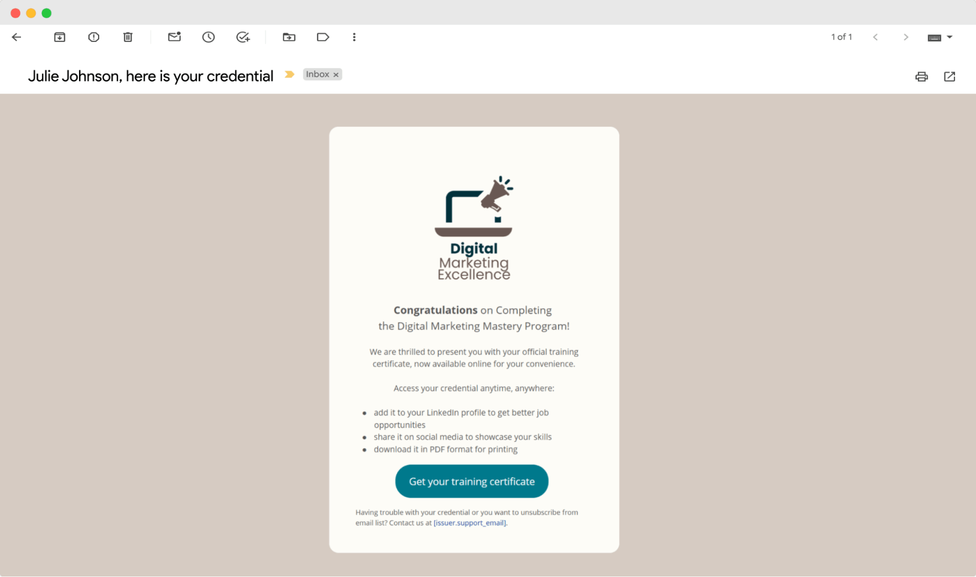 Branded email for completing training; one of the benefits of certificate programs. Branded email for completing training; one of the benefits of certificate programs.
