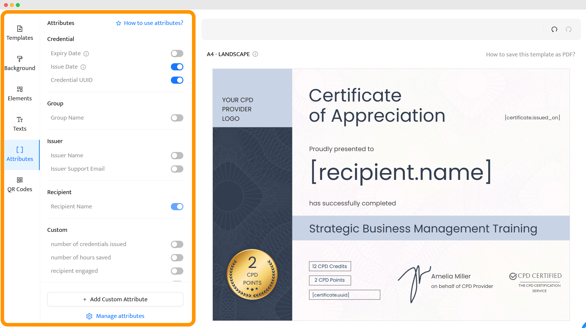 Dynamic attributes shown in a template editor, giving many benefits of certification. Dynamic attributes shown in a template editor, giving many benefits of certification.